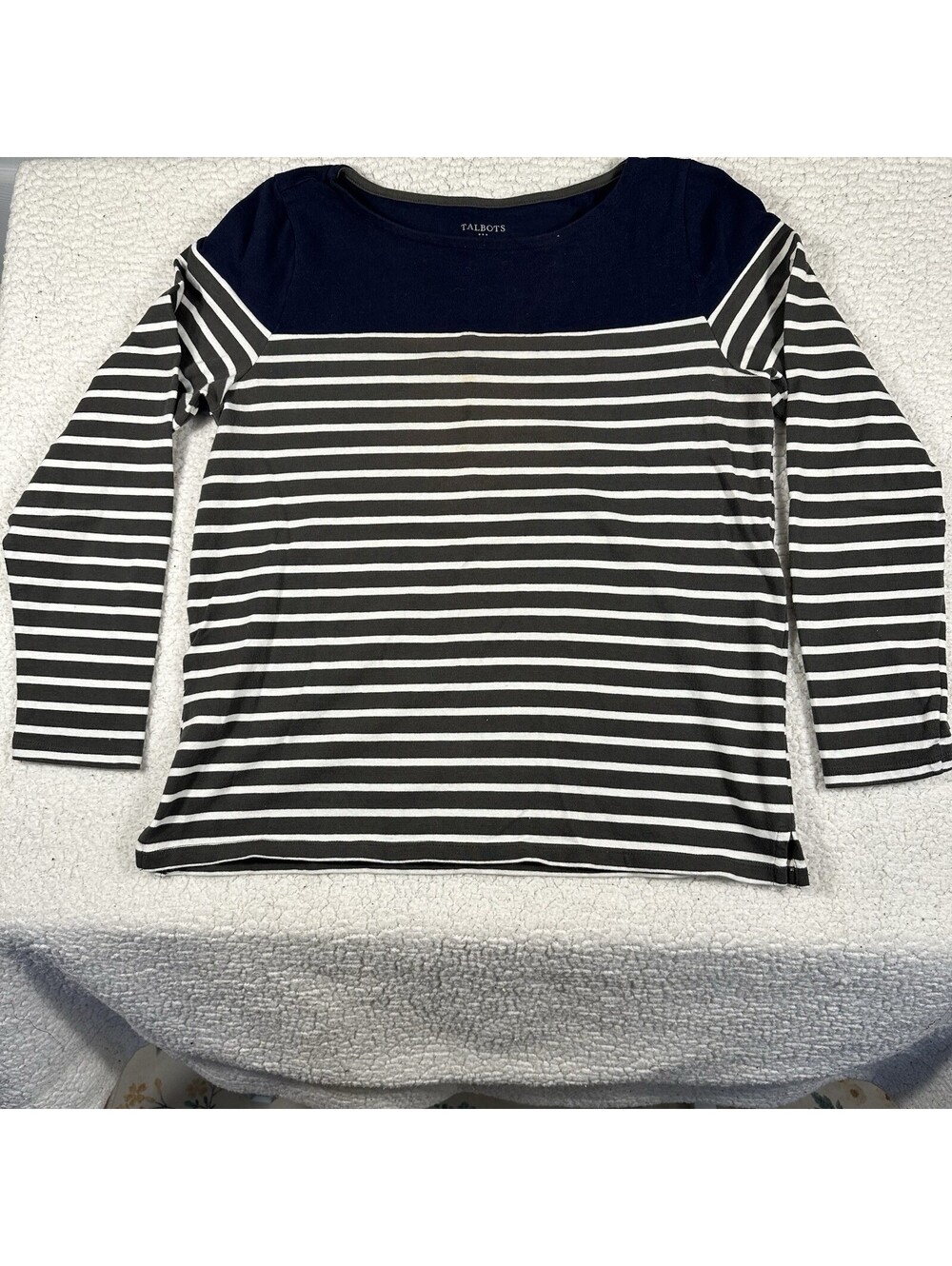 TALBOTS Women's Size Large Navy  Blue - Gray & White Stripe Long Sleeve Top